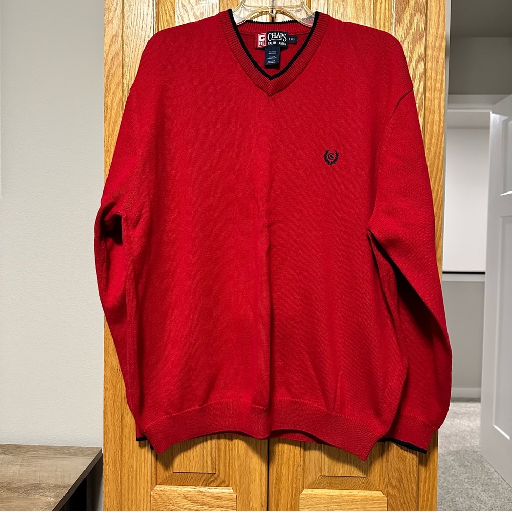 CHAPS Ralph Lauren 100% cotton red sweater pullover V-neck size L